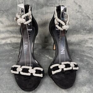 Gianni Bini Black Suede Rhinestone‎ Chain Ankle Strap Stiletto Heels Size 8.5